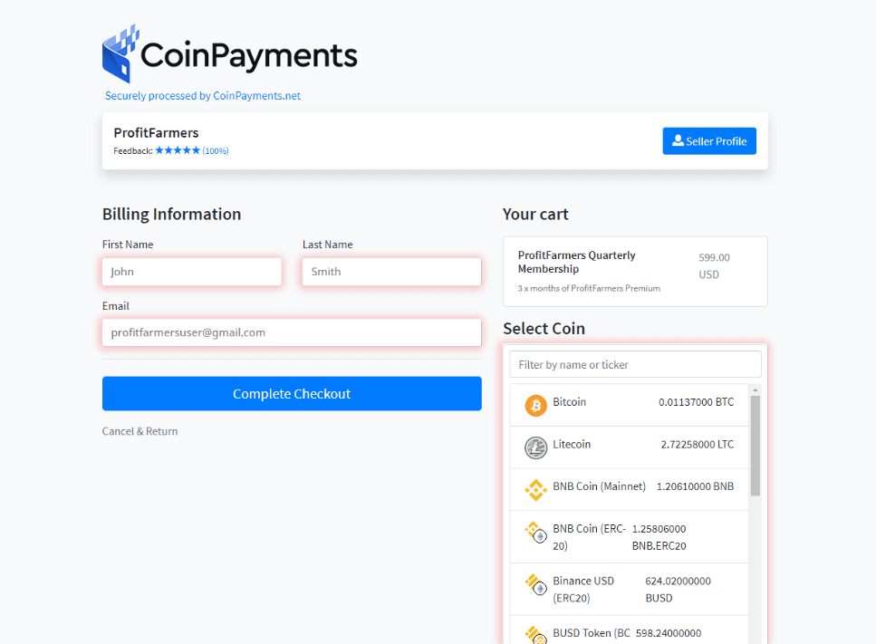 ProfitFarmers Crypto Payment: Coin Payments