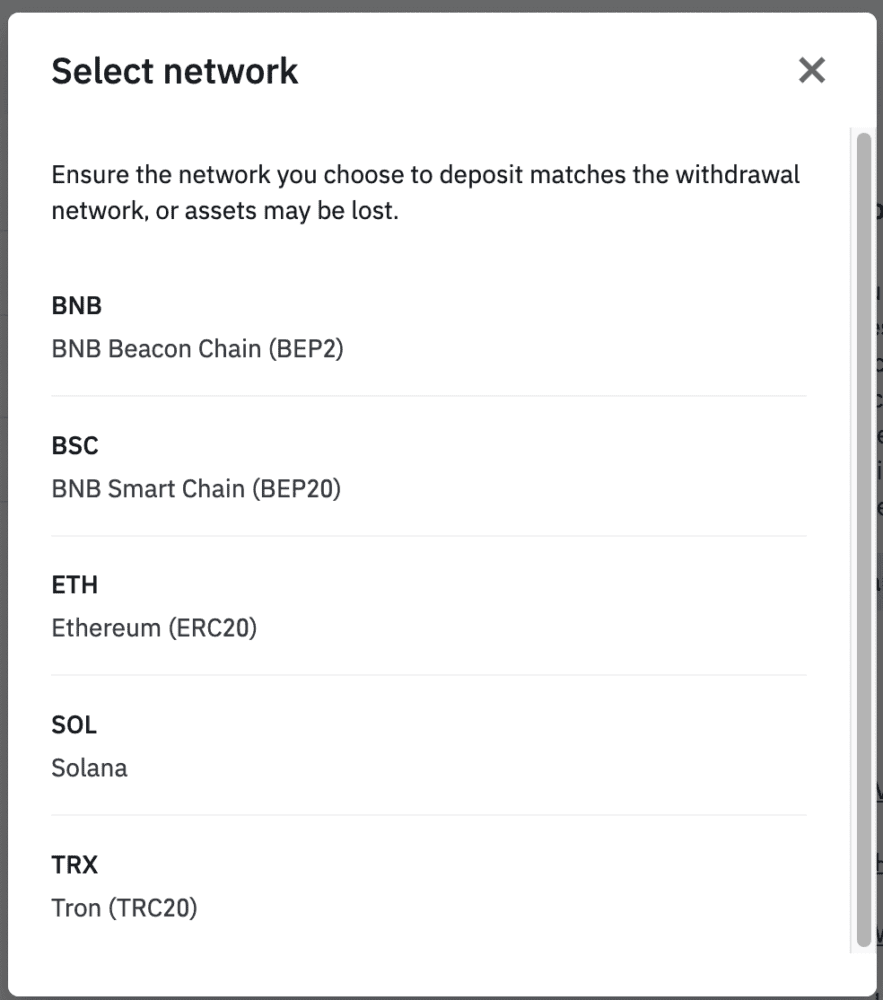 binance choose correct network